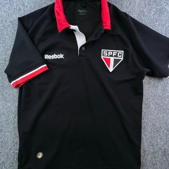 Reebok Original Polo Shirt Black Red White Short Sleeve Polyester Sau Paulo FC - Picture 1 of 10